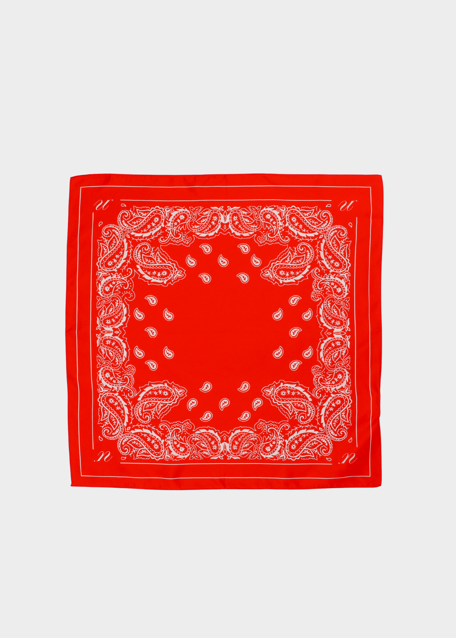 NOTED Red scarf alice with white paisley pattern on a light gray background