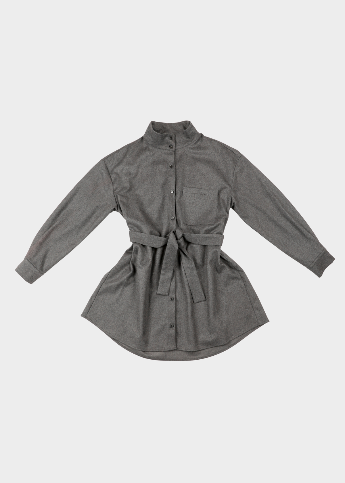 BIBI dress Noted Antwerp. A dark gray long-sleeve shirt dress with a button-down front, pointed collar, and matching waist tie belt, shown flat on a light gray background.