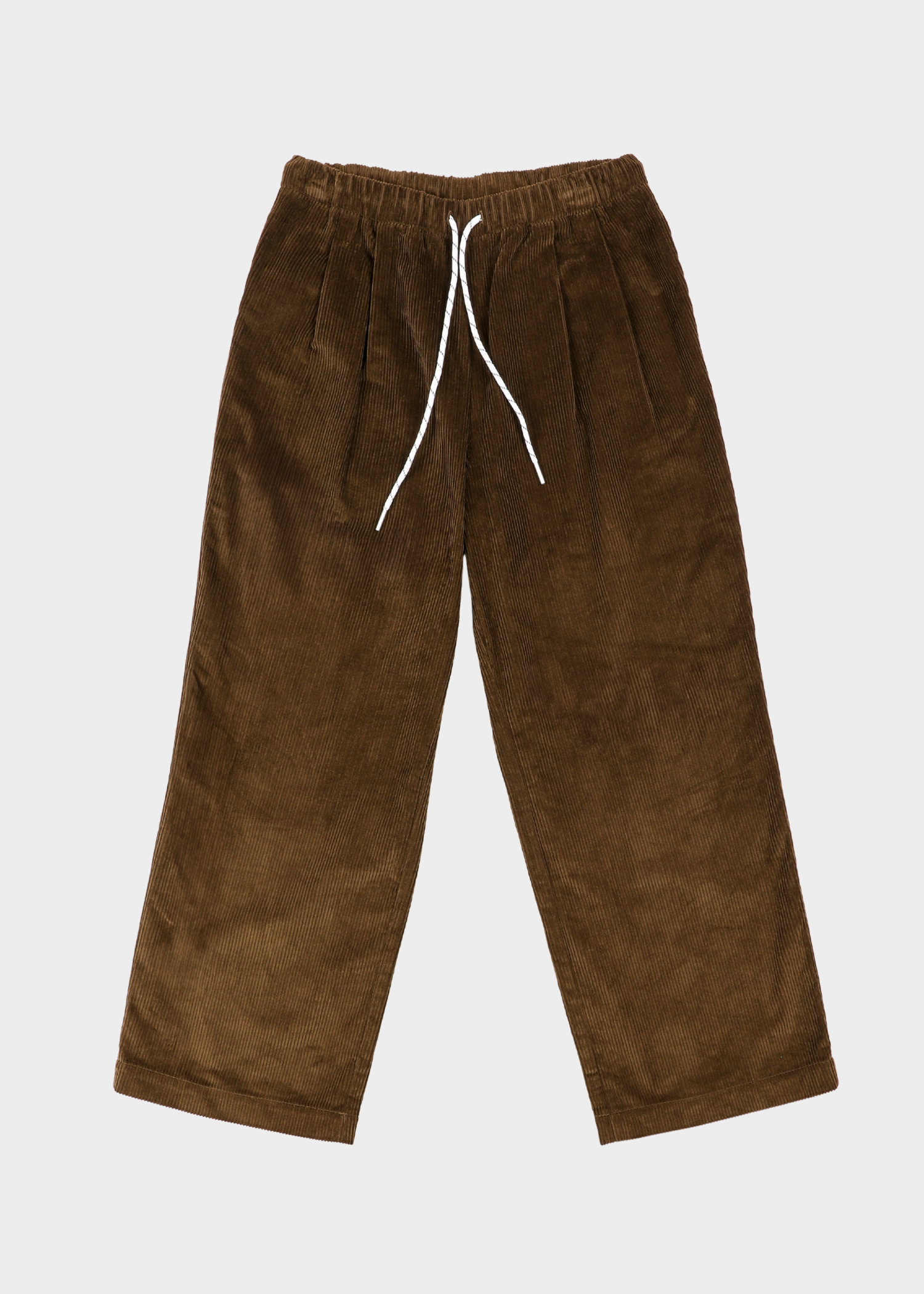 NOTED cera pants. Brown corduroy pants with an elastic waistband and white drawstring, shown flat on a light gray background.