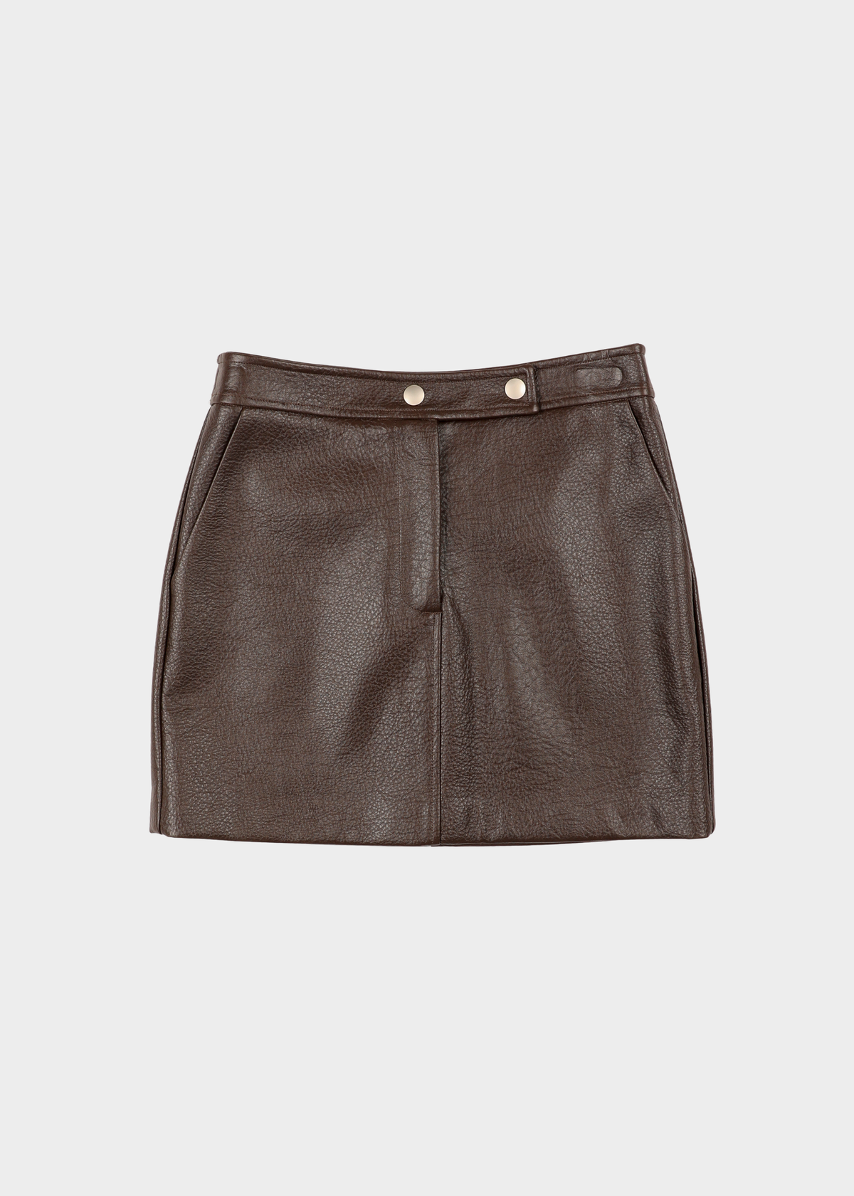 NOTED dua skirt. A dark brown faux-leather mini skirt with a buttoned waistband and front zipper, shown flat on a light gray background.