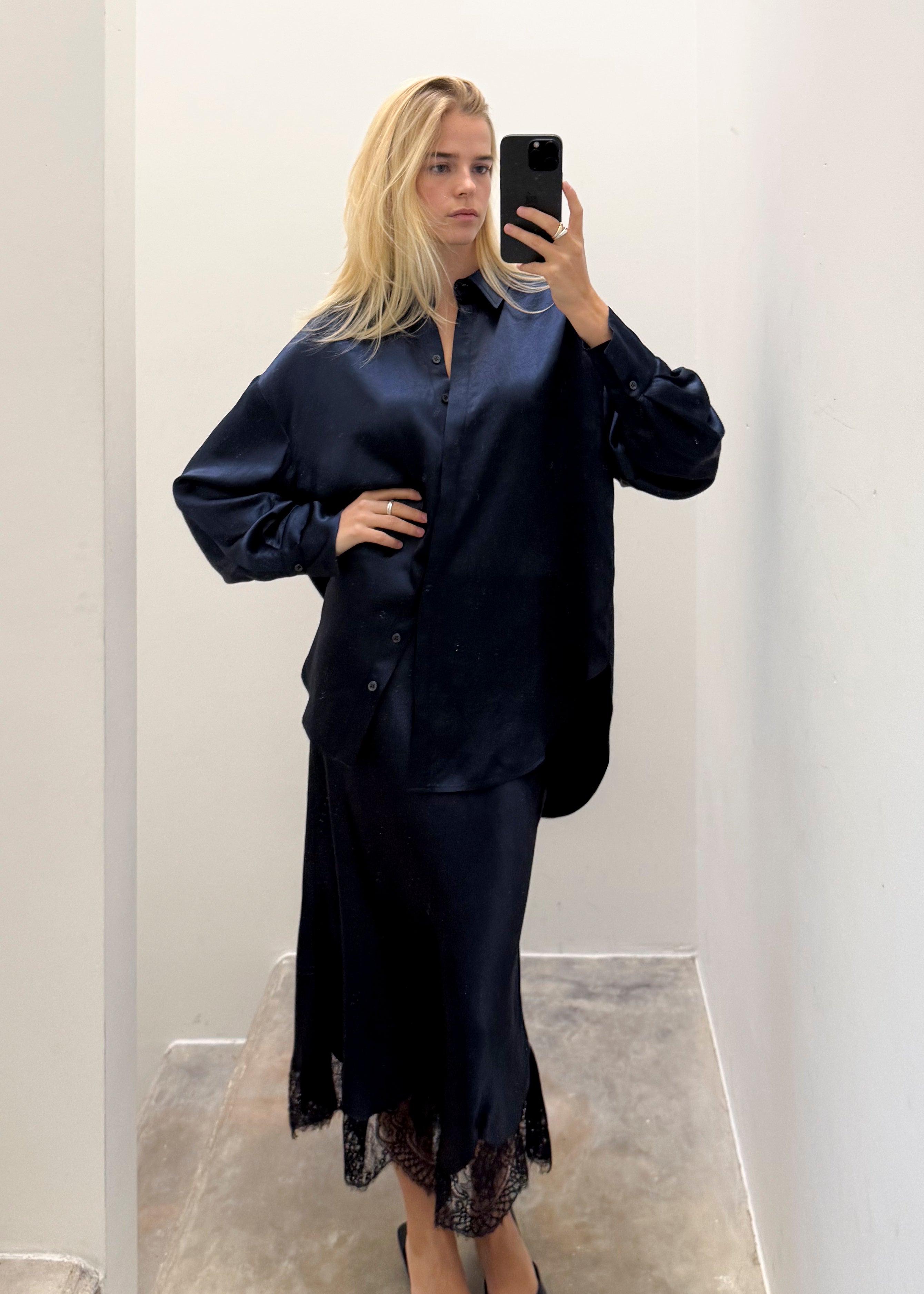 Dark blue satin shirt with buttons by noted antwerp