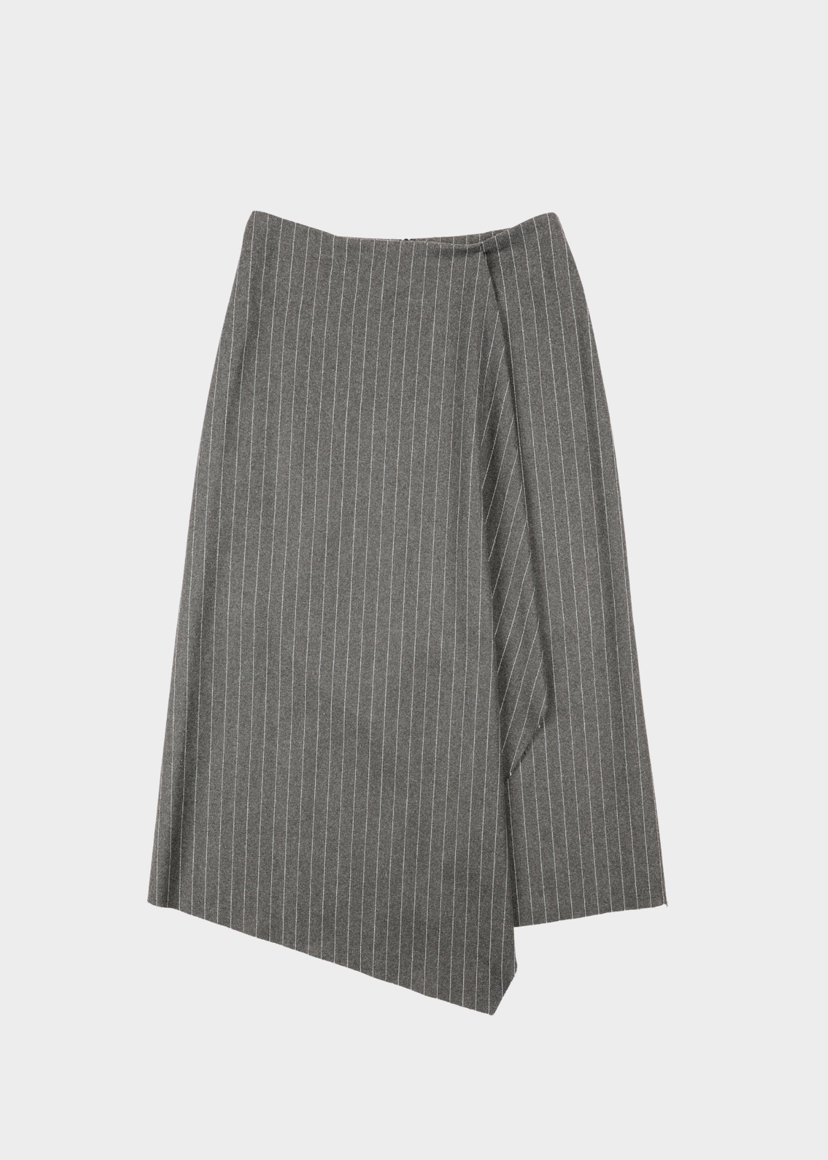 NOTED ANTWERP Dodo wrap skirt in grey pinstripe. A gray pinstriped wrap skirt with an asymmetrical draped hem, shown against a light gray background.