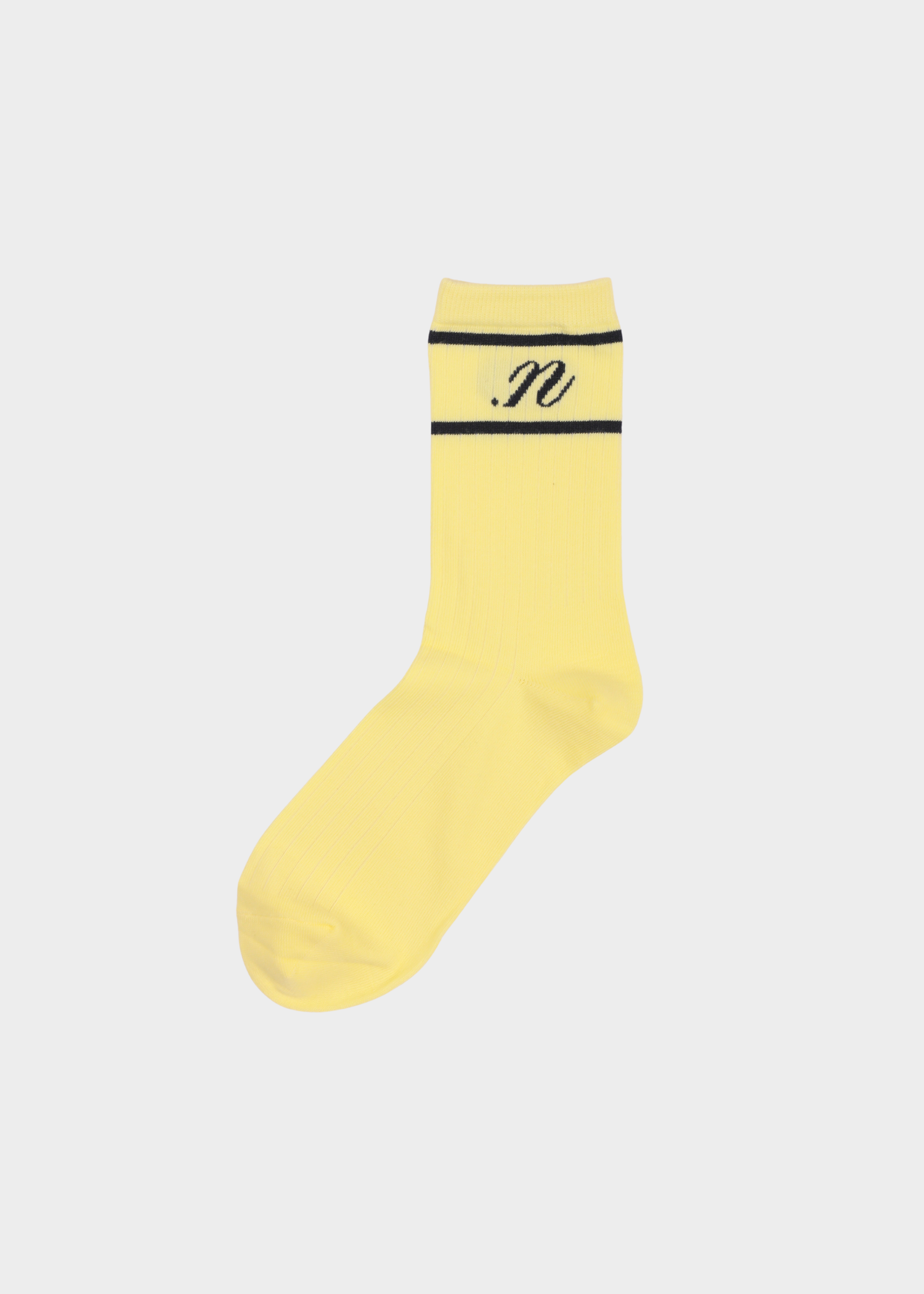 Productshot of noted antwerp bright yellow socks with dark blue detailing