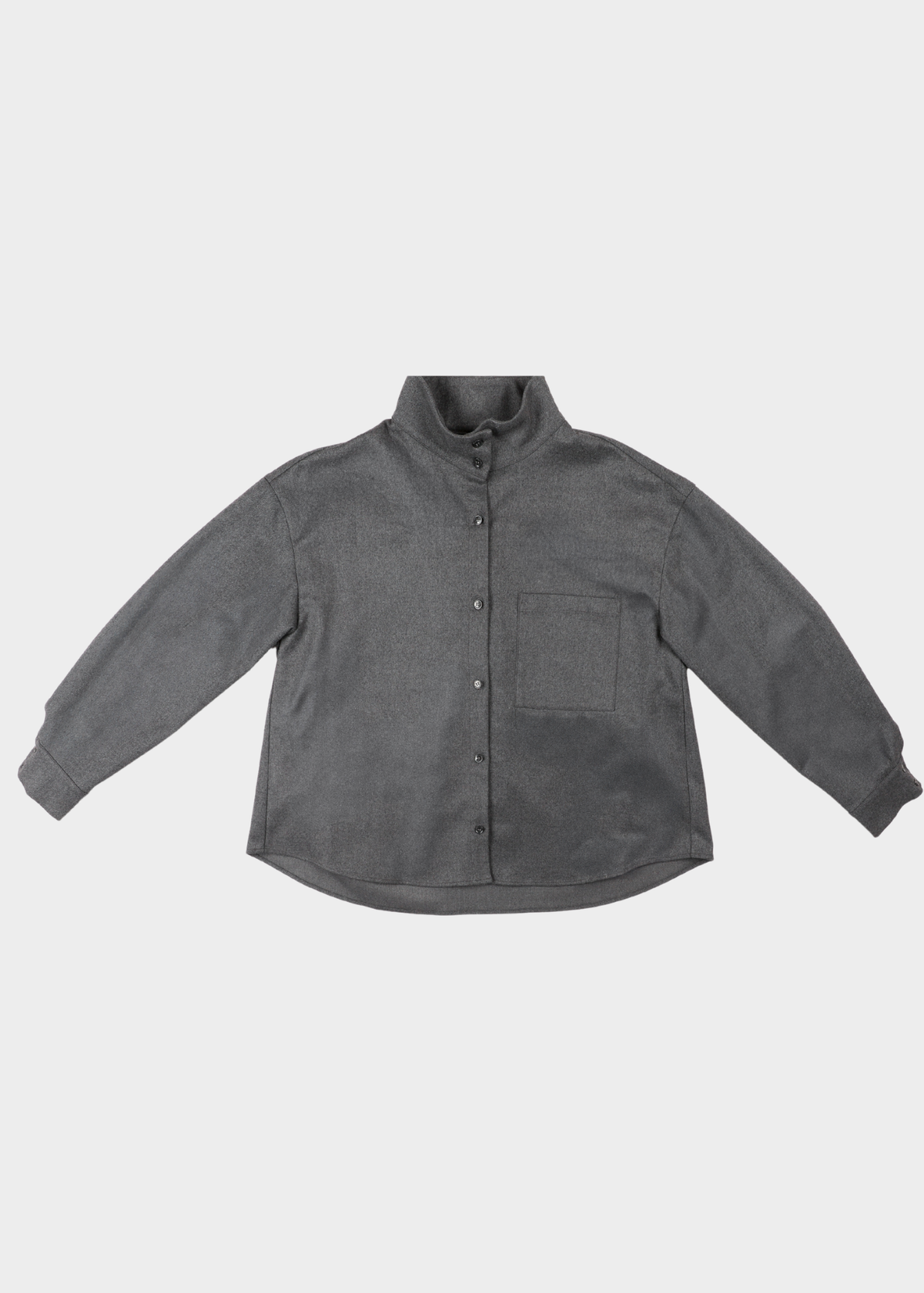 NOTED Didi shirt-Grey. A dark gray long-sleeve button-up shirt with a mock neck collar and a chest pocket, laid flat against a light gray background.