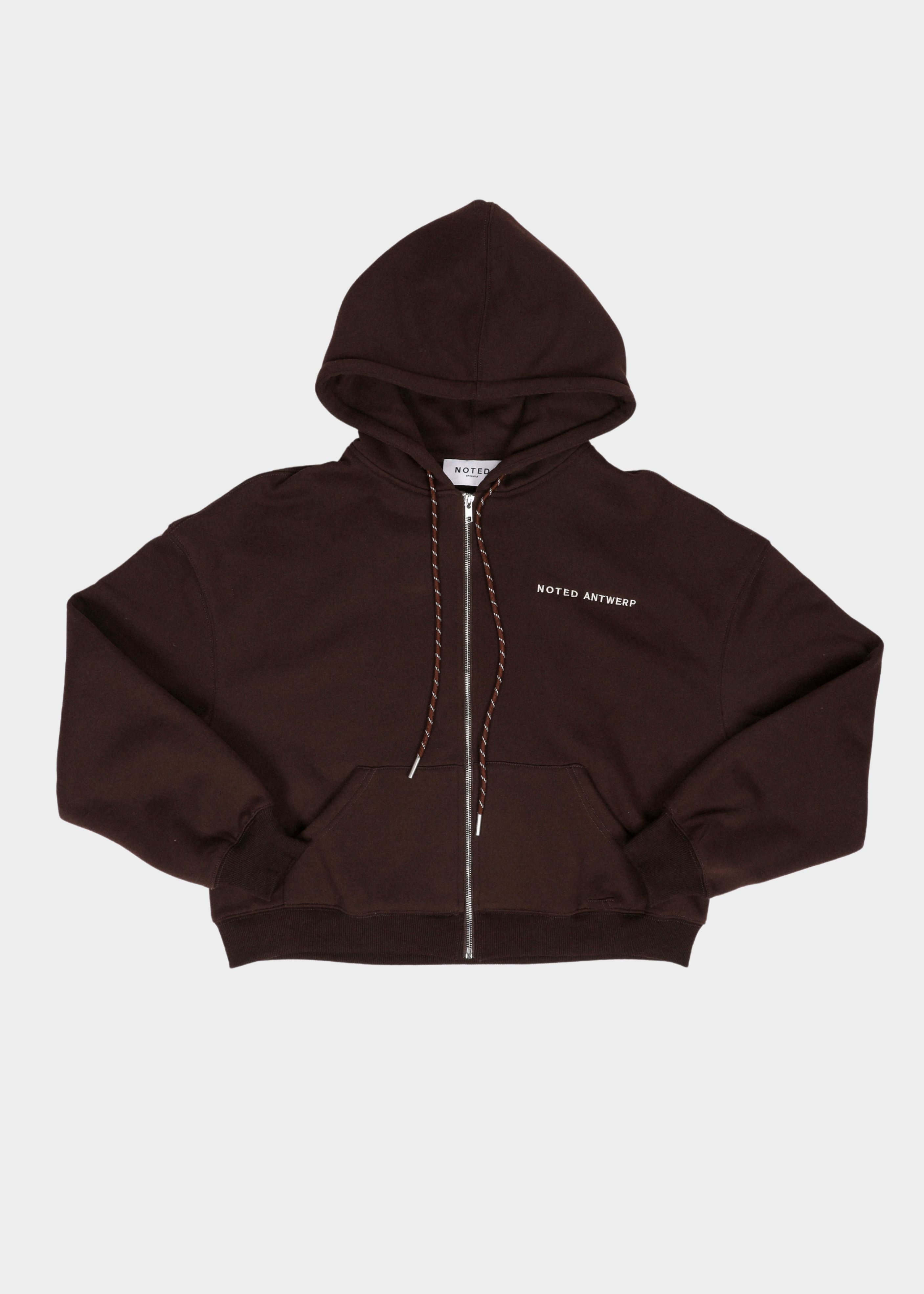 brown hoodie with a noted antwerp logo on a white background
