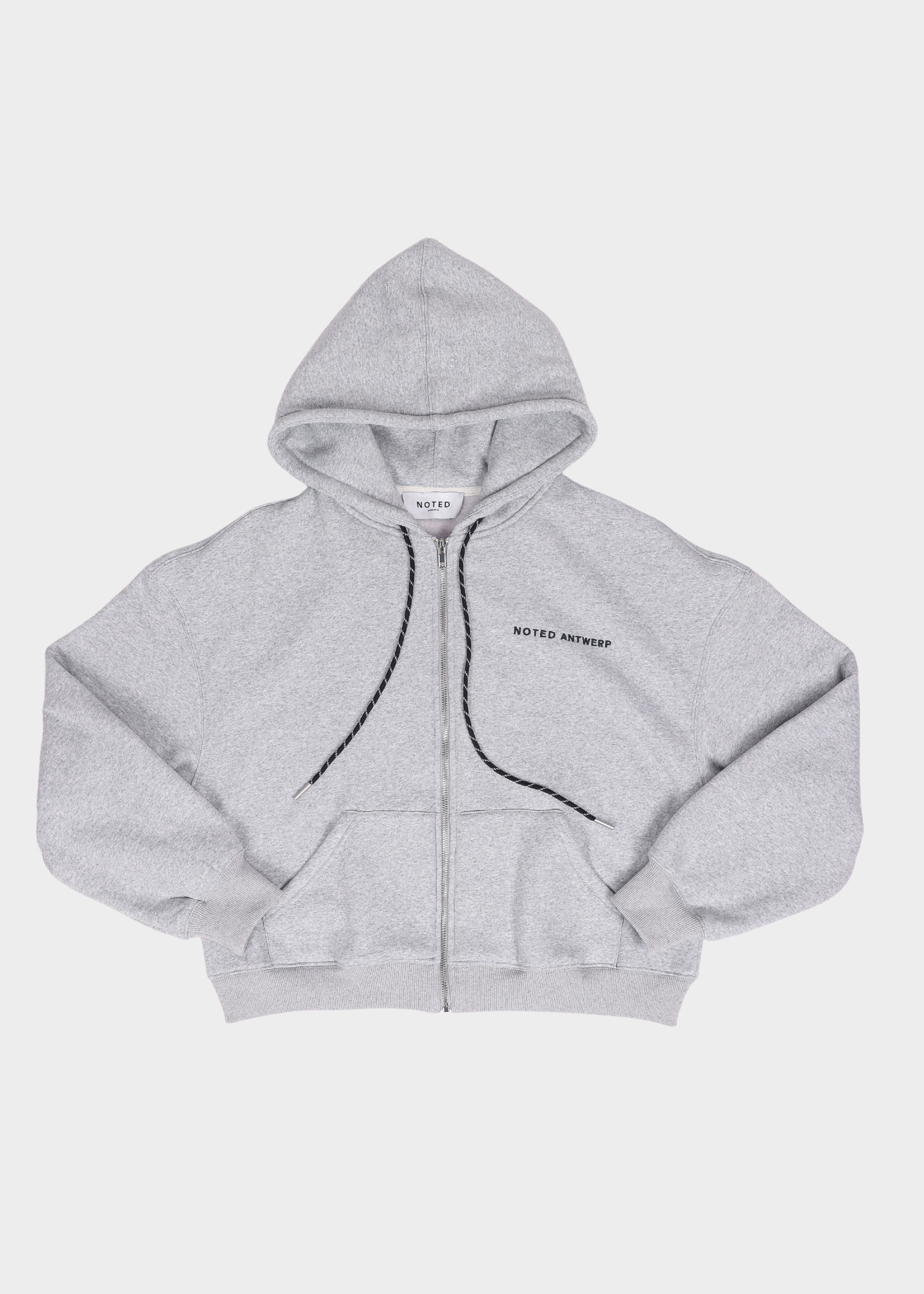 Gray hoodie with a brand logo on a white background