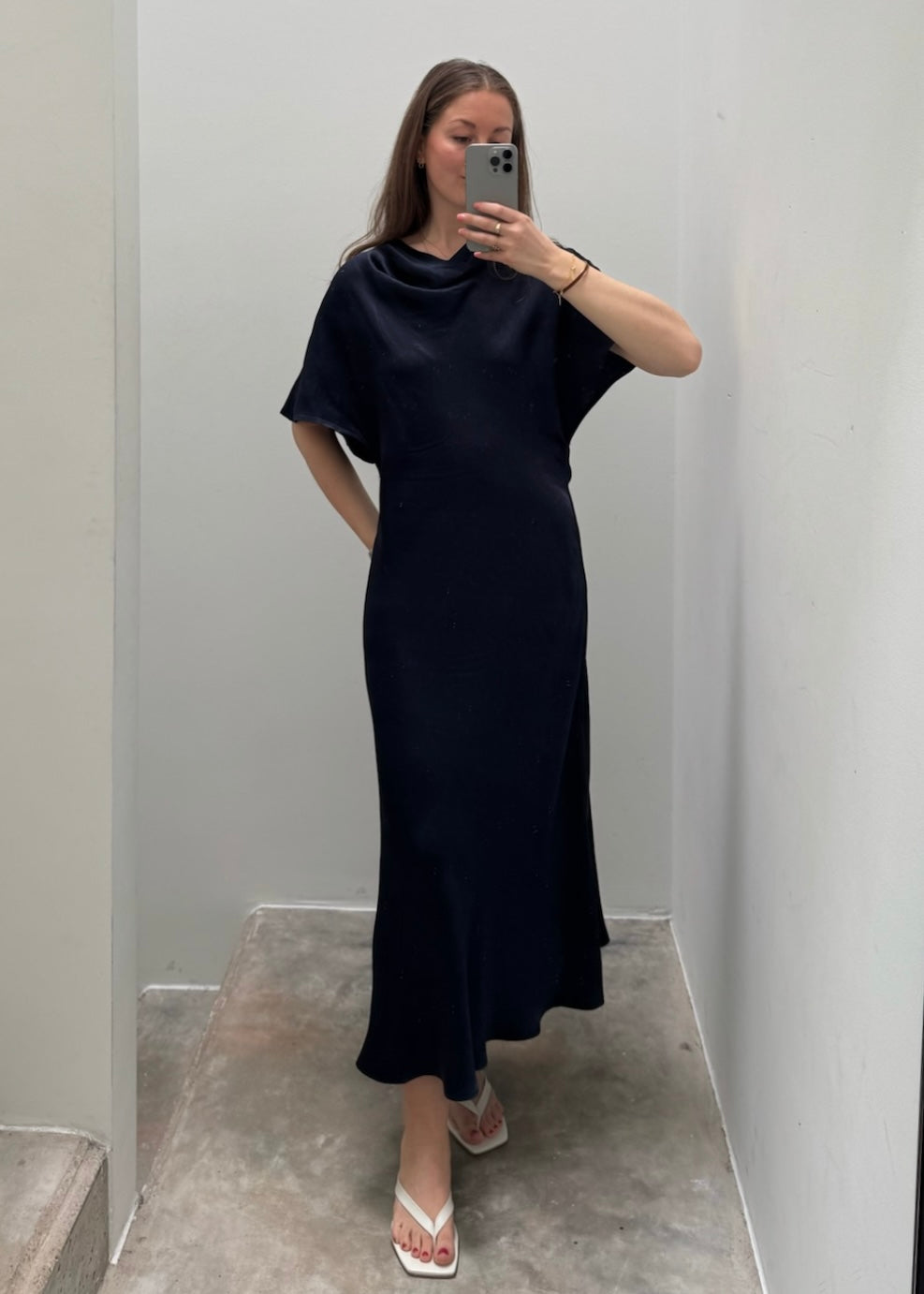 noted antwerp satin long navy dress