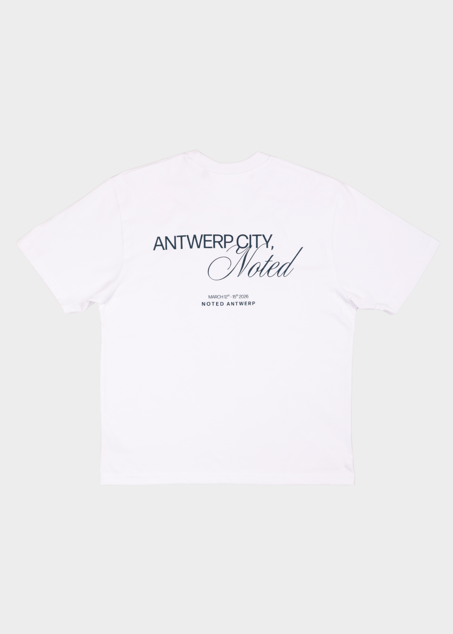 Antwerp city noted printed on back of white popup exclusive tee