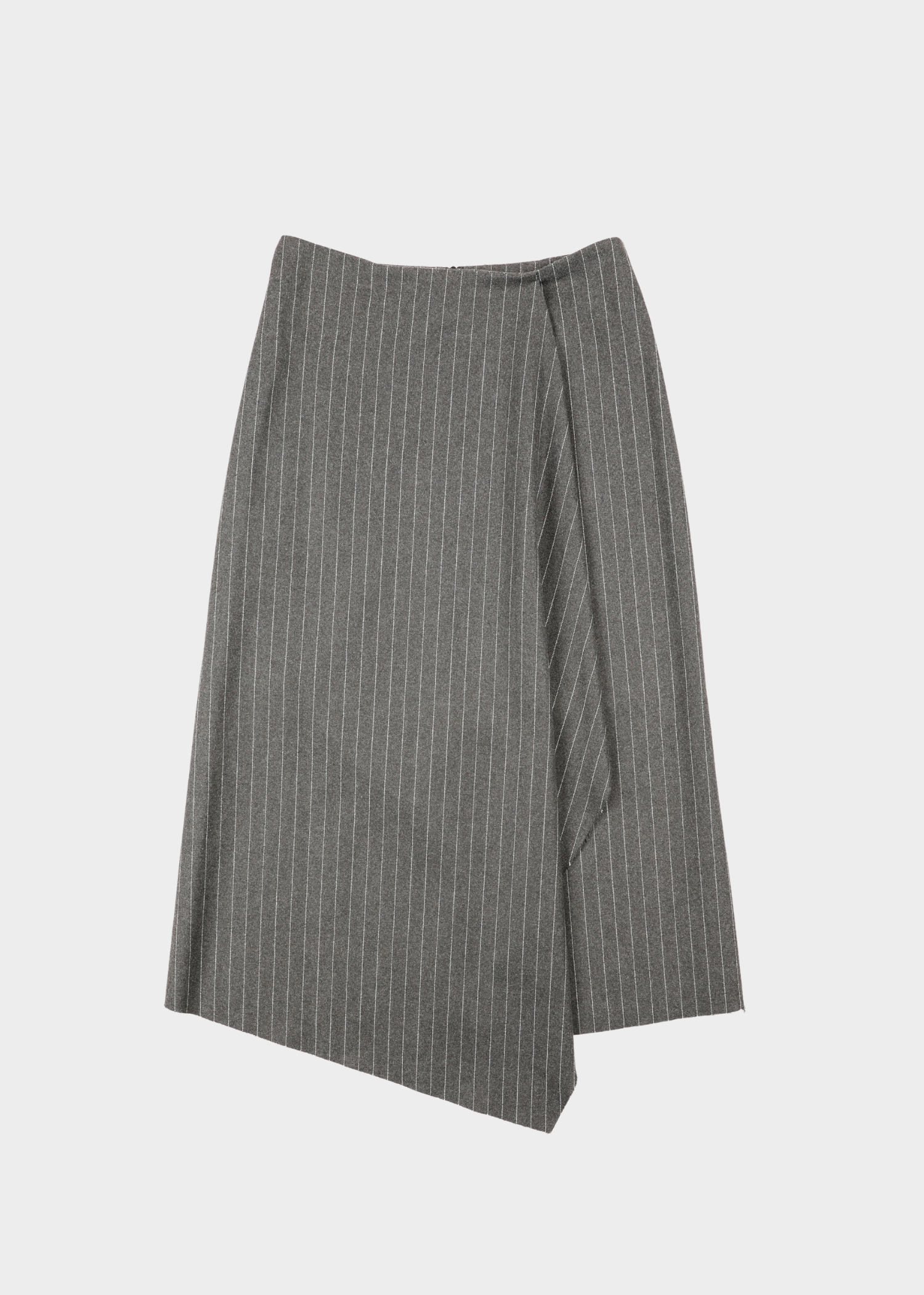 NOTED ANTWERP Dodo wrap skirt in grey pinstripe. A gray pinstriped wrap skirt with an asymmetrical draped hem, shown against a light gray background.