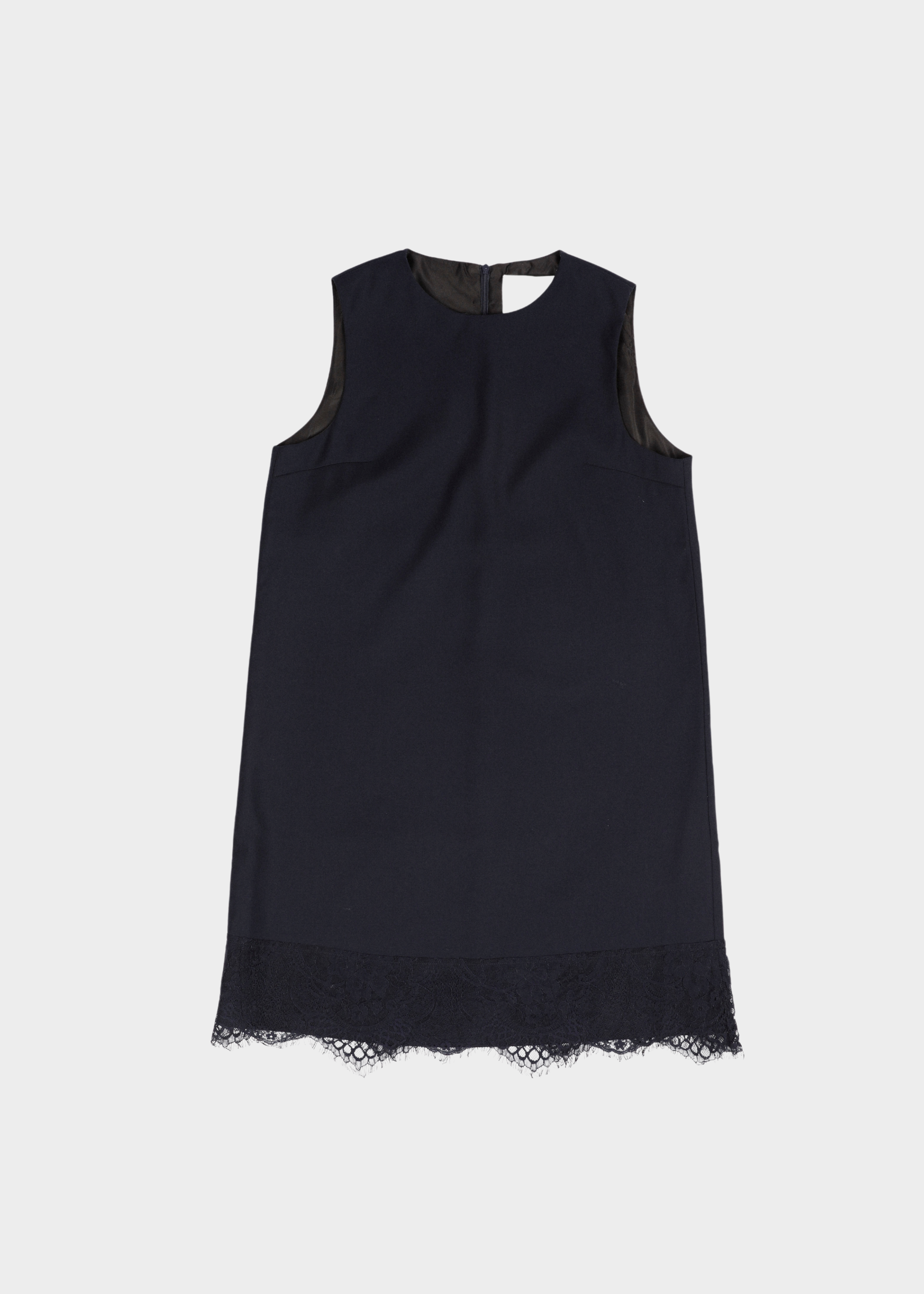 navy blue sleeveless dress with lace trim on a white background