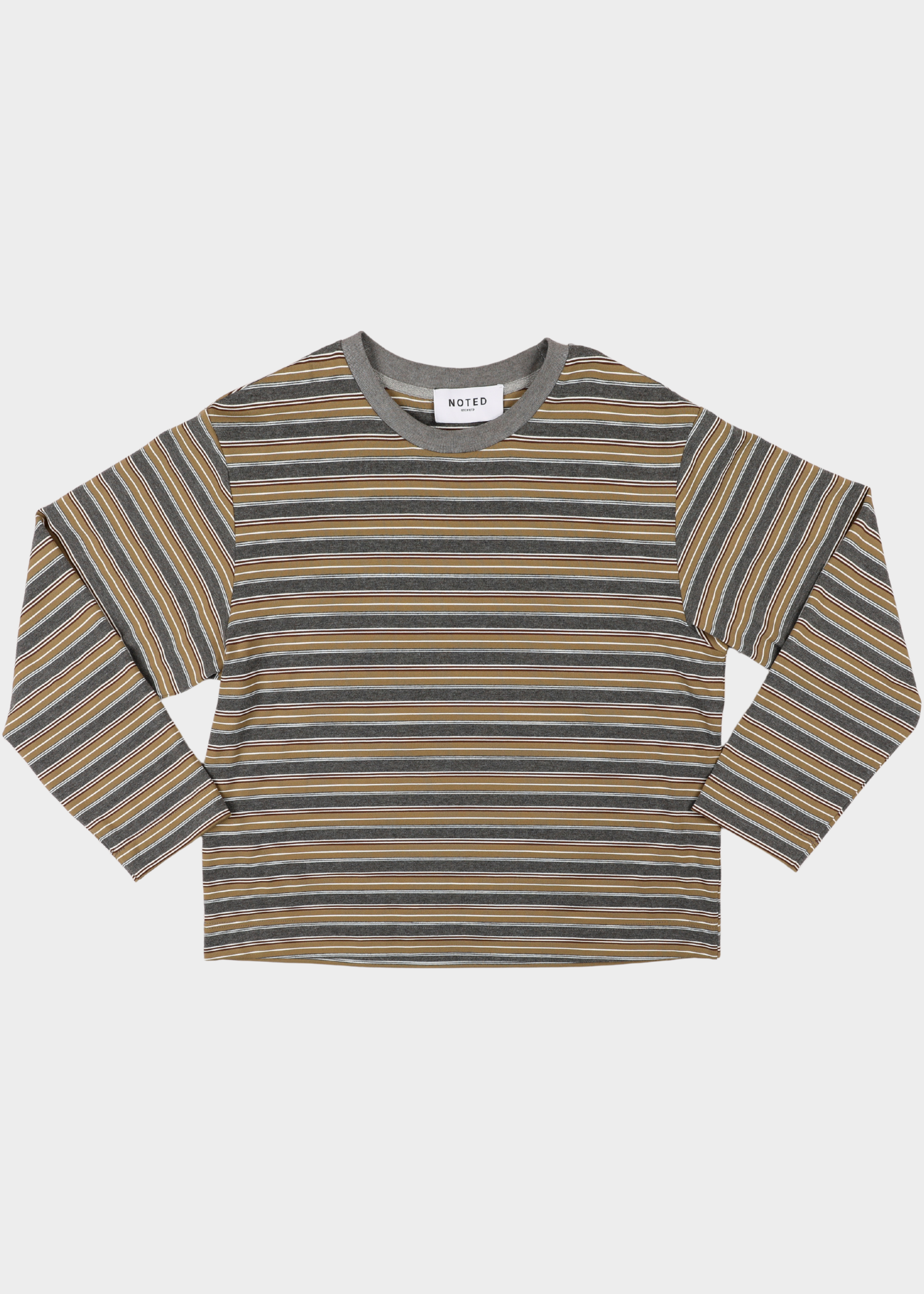 NOTED donne longsleeve. A long-sleeve striped shirt with horizontal stripes in dark gray, mustard yellow, and brown, featuring a solid gray crew neck collar. The brand name 'MESTI' is visible on the inner neck label.